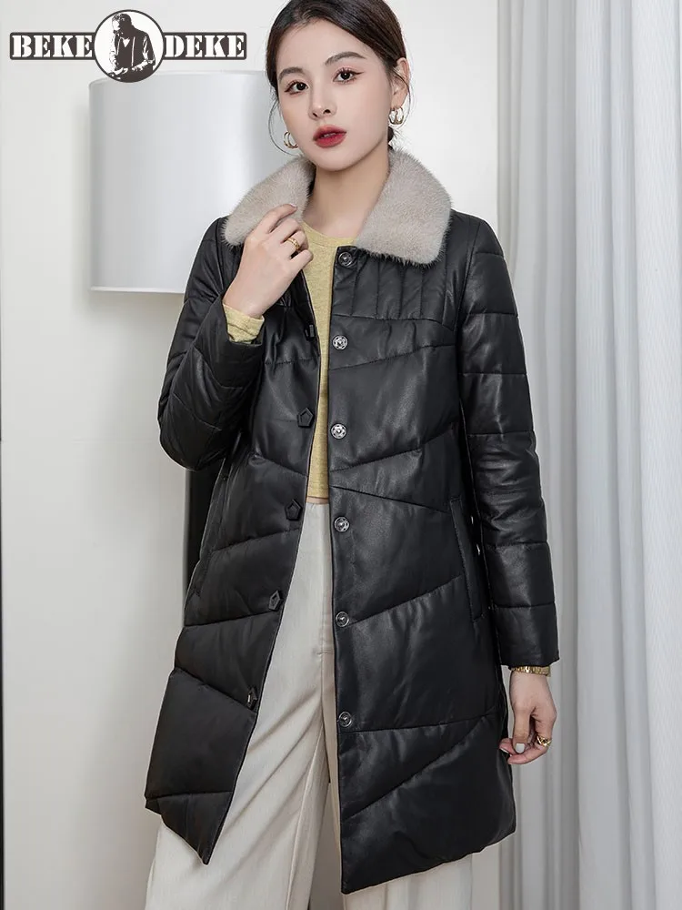 Piumino da donna in vera pelle invernale caldo collo in pelliccia di visone slim fit monopetto moda giacca di pelle di pecora medio lunga femminile