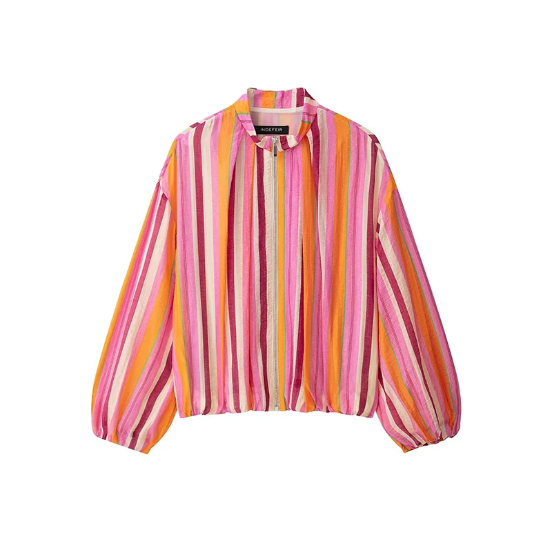 YENKYE New Women Oversized Striped Bomber Jacket Long Sleeve Front Zipper Casual Loose Autumn Outerwear Short Coat