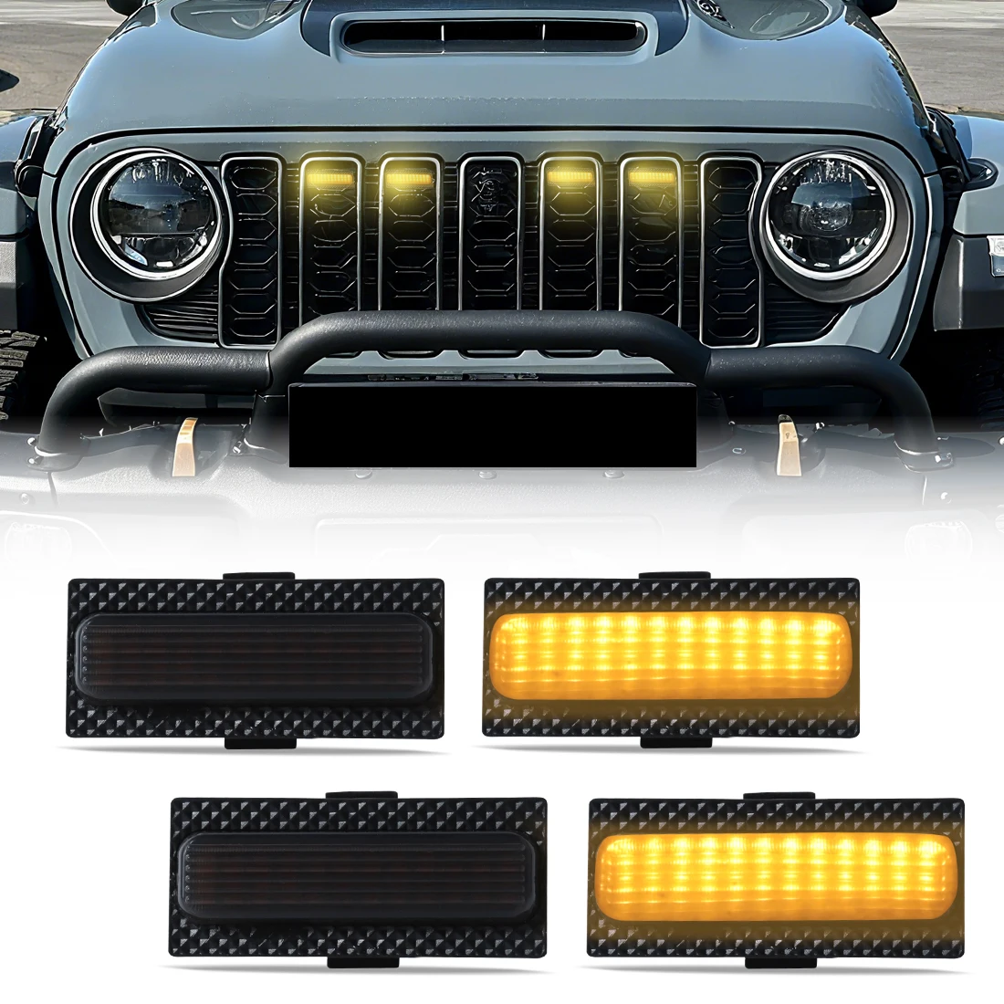 

4 шт. светодиодные фонари для решетки для Jeep Wrangler JL 2024-2025, передний бампер, светодиодные дневные ходовые огни, белые/желтые автомобильные аксессуары
