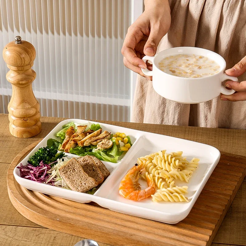 Ceramic Divided Dinner Plate Adult Student Cafeteria Fast Food Plate Children's Cutlery Dim Sum Three Grid Plate Painting Pla...