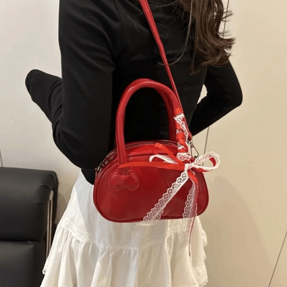 Niche Korean Bow Crossbody Bag Pu Leather Y2k Lace Ribbons Boston Bag Sweet Leisure Commute Handbag Women