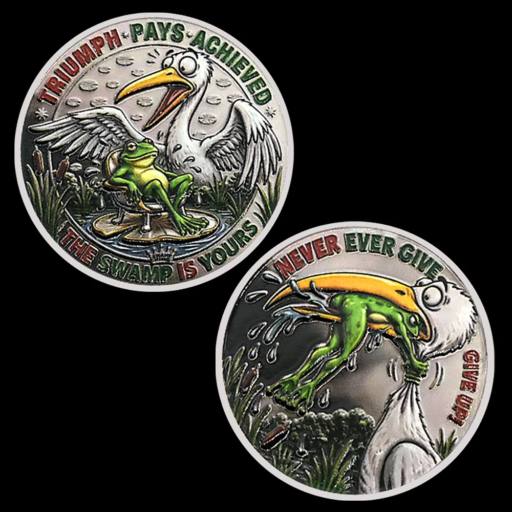 Motivational Never Ever Give Up Coin Frog And Heron Collectible Challenge Coin Nature Animal Memorial Gift For Collector