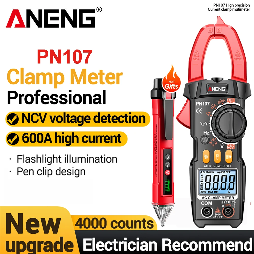 

ANENG PN107 Professional Digital Clamp Meter VC1010 Non Contact Voltage Tester Current 600V Voltage Temperature Test Electrical