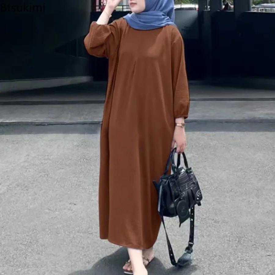 2025 Casual Simple Clothing Women Fashion Solid O-neck Long-sleeved Maxi Dress Abayas Kaftan Islam Dubai Arab Modest Long Robe