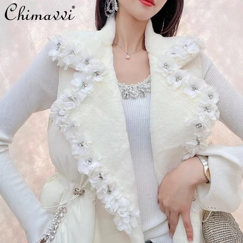 Vest Jacket Women's Autumn and Winter New Heavy Diamond Three-dimensional Flower Slim-fit Suit Lapel Down Cotton Vest Top