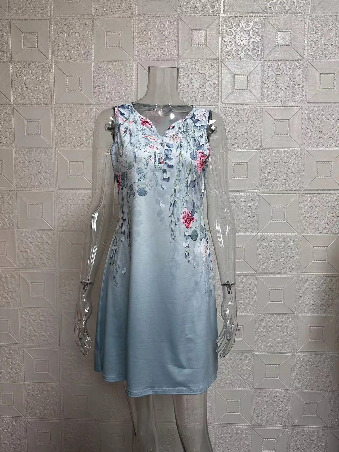 꽃무늬 프린트 캐주얼 스타일 A라인 스커트, 민소매 조끼, V넥 원피스, 여름 신상