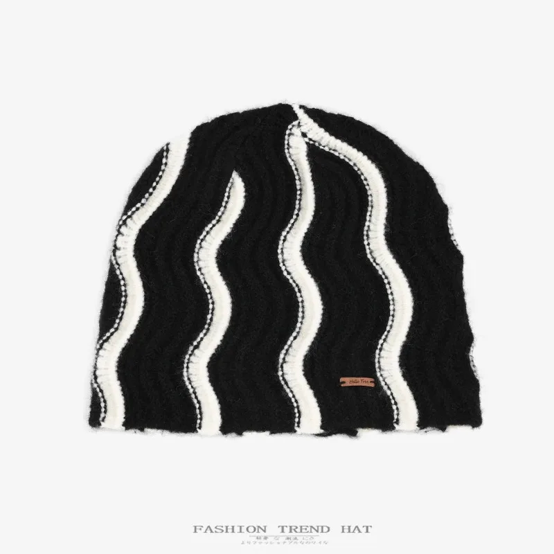 Japanese Pleated Wave Pattern Knitted Hat for Men and Women Autumn and Winter Fashion Color Blocking Warm Skull Beanie Cap