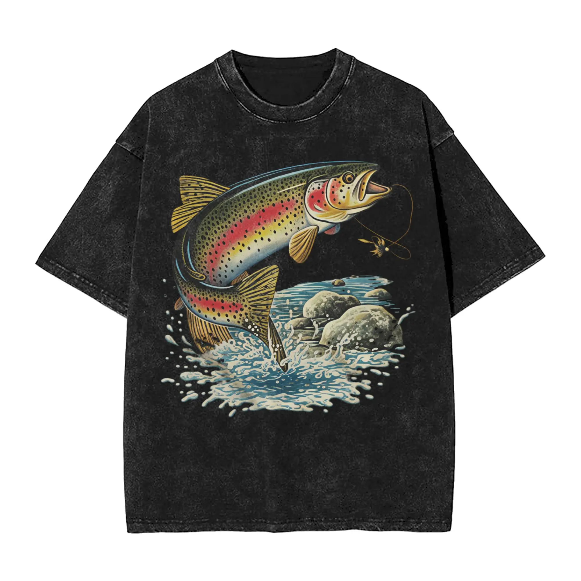 Fly Fishing Men's T Shirt Washed  Fashion Tee Shirt Short Sleeve Round Collar T-Shirts 100% Cotton Printing Tops