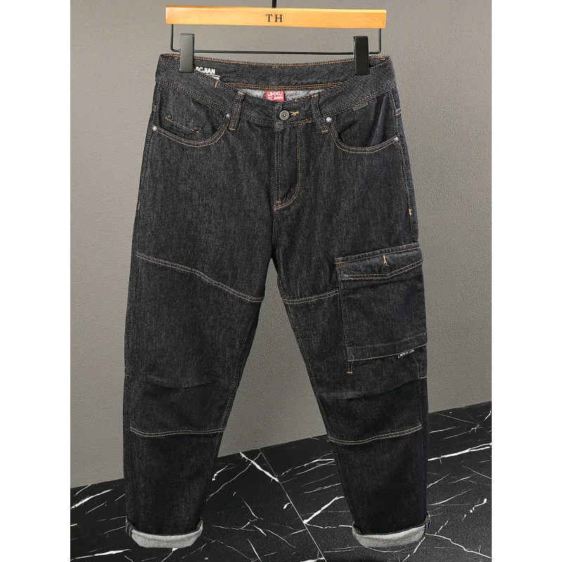 Spring and Autumn High end Jeans Men's Japanese workwear Style Splicing Multi pocket Work Loose Harun Pants