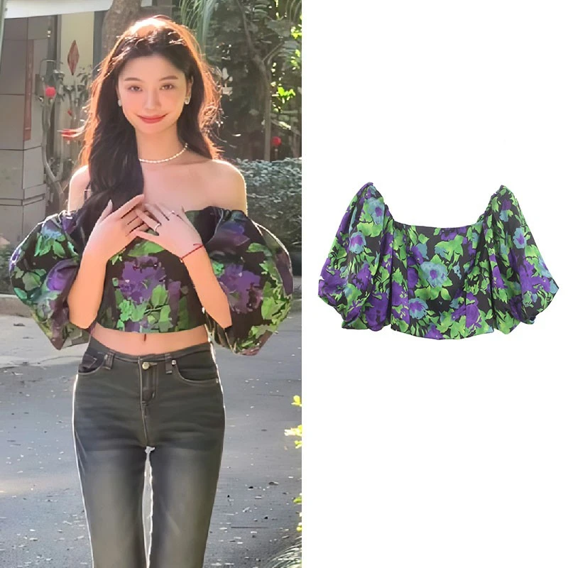 

Summer New EXJR2023 Women's Short Bubble Sleeve One-Shoulder Bony Chest Tube Top Print Shirt 18-24 Years Old