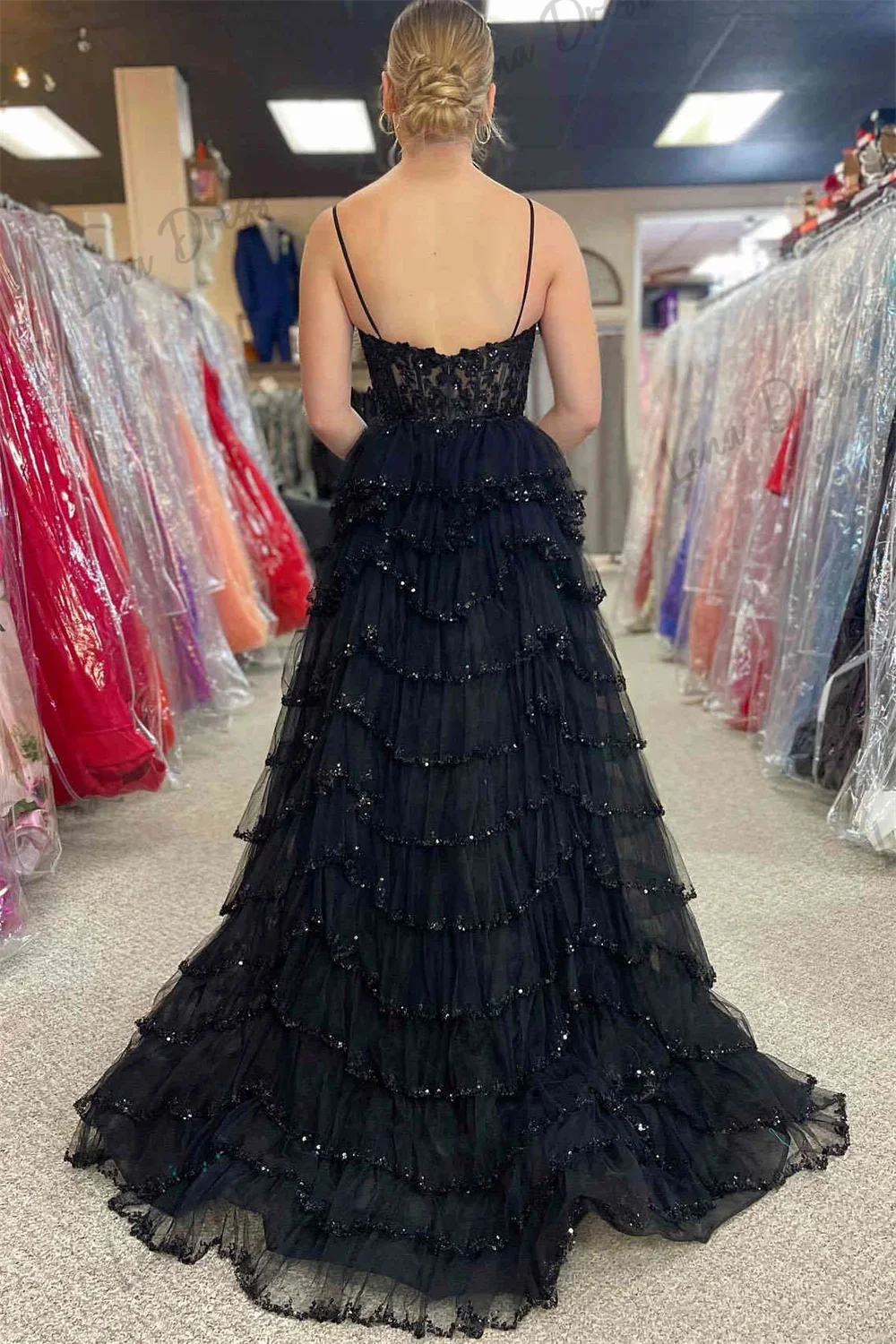 Lena Spaghetti Straps Evening Dresses Woman Elegant Dresses for Women Gala Party Dress Shiny Layered Black Side Slit Ball Gowns