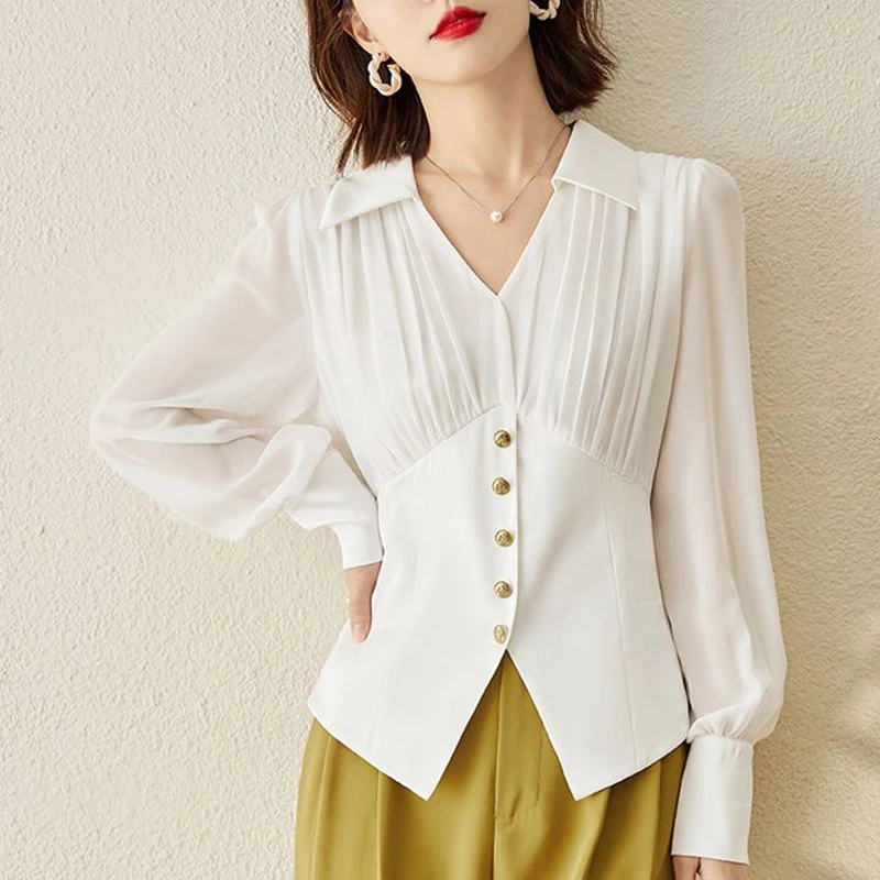 Elegant Chic Ruffled Slim Office Lady Business Casual Shirts 2023 Fashion Black White V Neck Long Sleeve Top Blouse Women Blusas