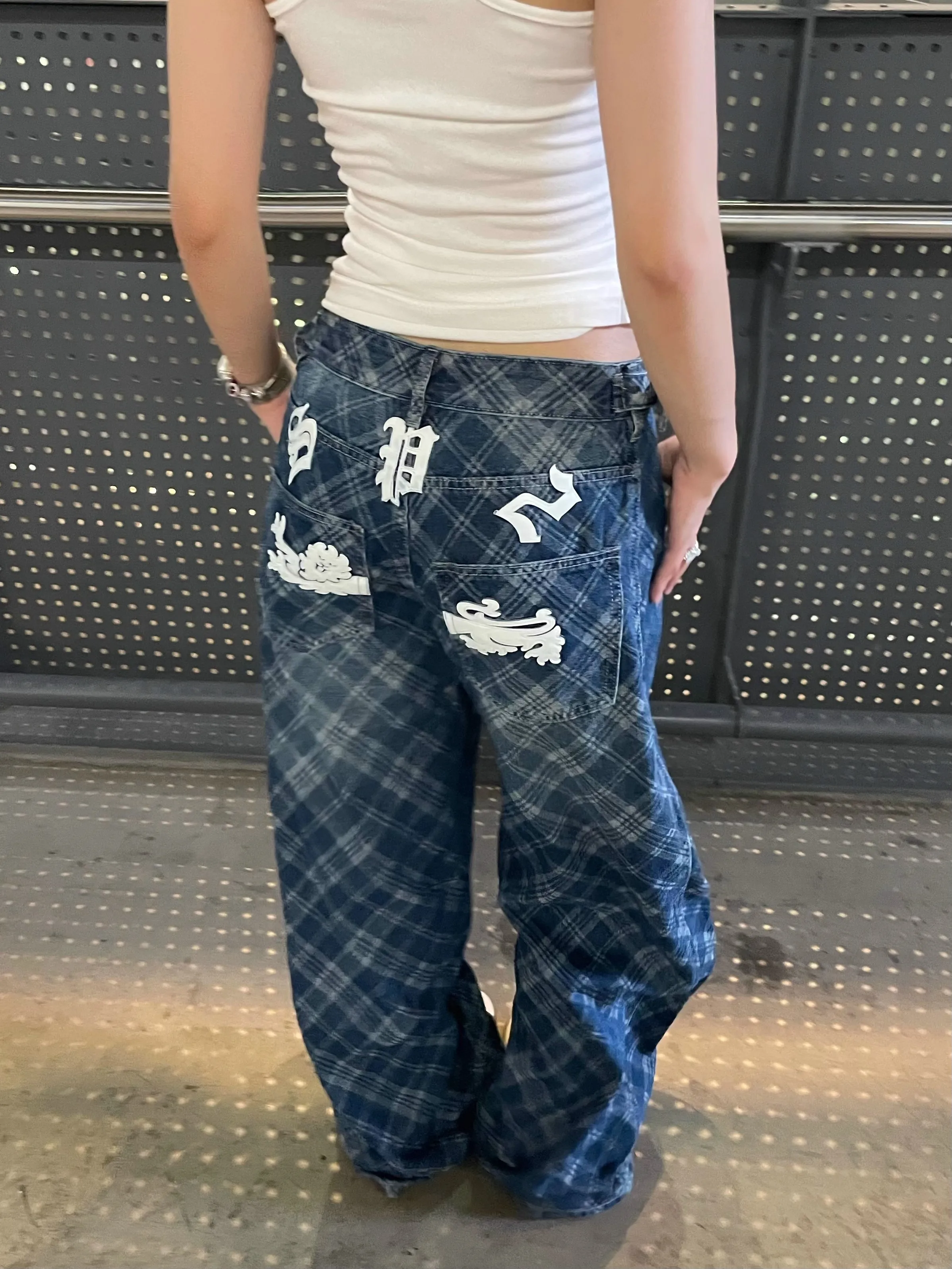 

Retro American Washed Blue Grid Wide Leg Jeans Loose Casual Unisex Long Floor-Length Pants Straight Cut Natural Waist Denim