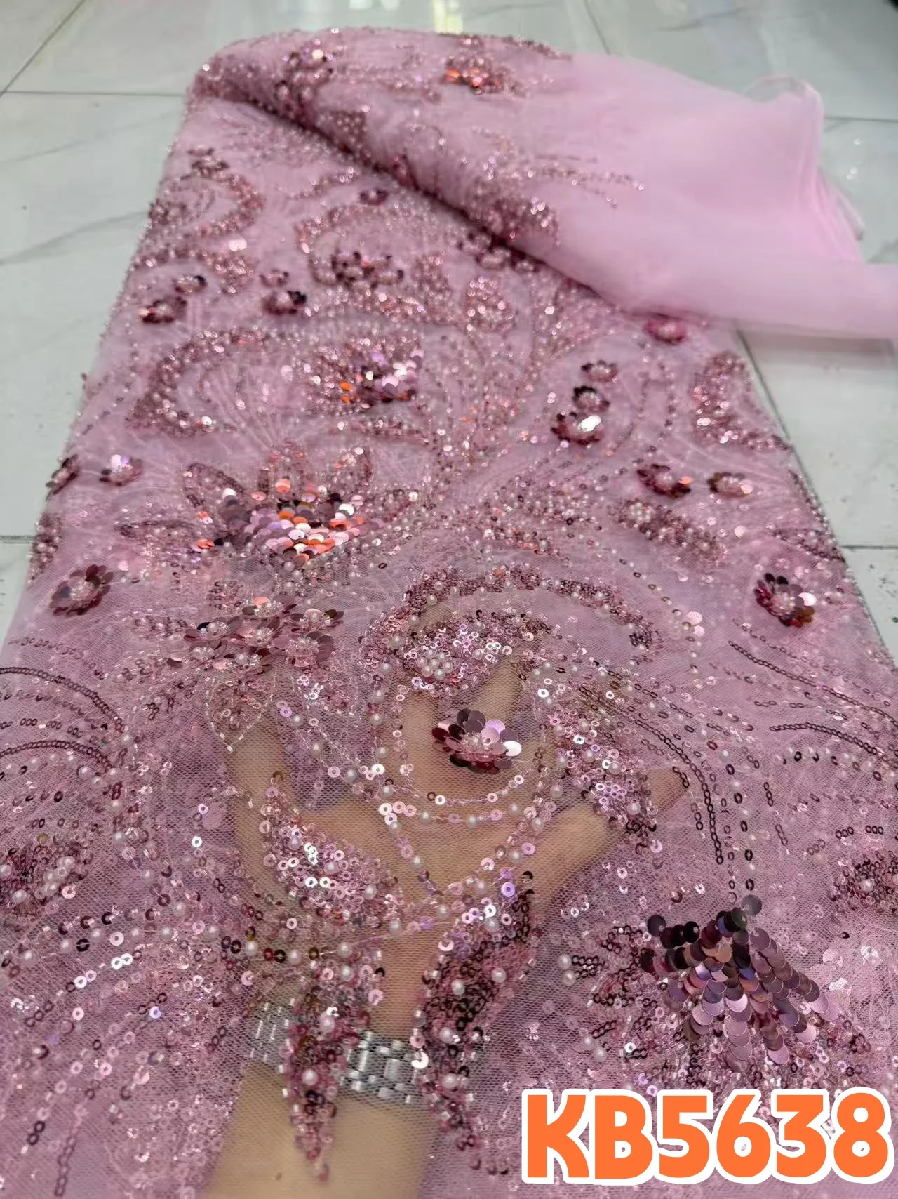 

YLS African Nigerian Gold Sequins Beaded Lace French Sequins Mesh Lace Fabric for Women Evening Dress KB5638