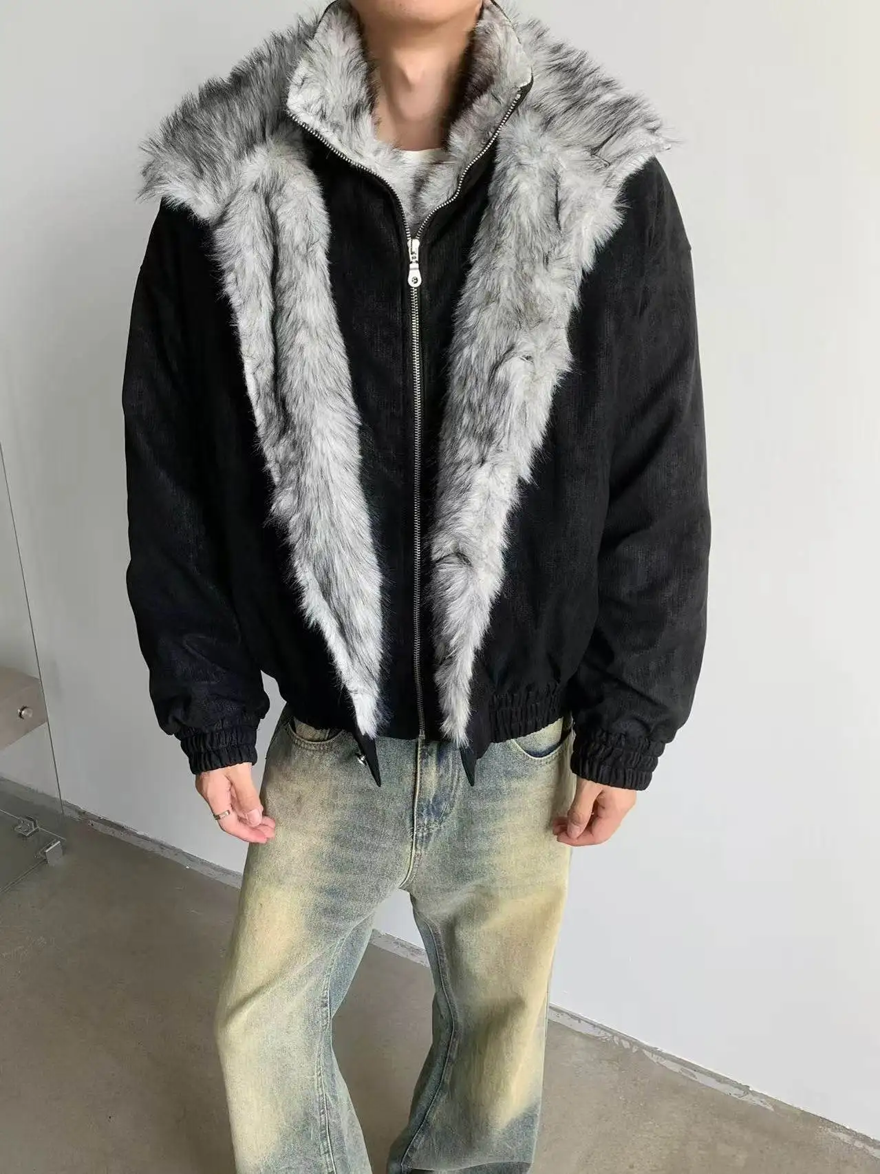 

American Retro ort Double Layer Fur Collar Thiened Cotton Jaet Men's Fce Lined Warm Casual Design Sensation Cotton Coat