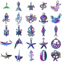 6pcs Marine Organism Rainbow Colored Octopus Shark Charms For Jewelry Making Supplies DIY Keychain Earrings Accessories Pendants