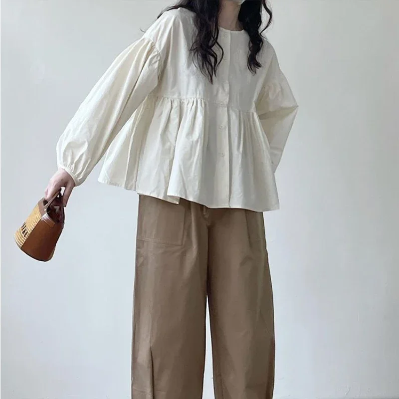 Shirts Women Loose S-3XL Crop Solid Folds Puff Sleeve Schoolgirl Korean Leisure Simple All-match New Arrivals Spring Chic Trendy