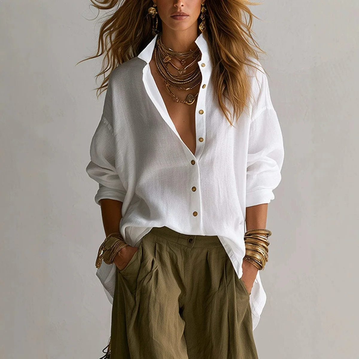Lazy Style Solid Color Loose Large Collar Button Army Green Lantern Pants 2-piece Set Loose Pocket Casual Women's Autumn Set