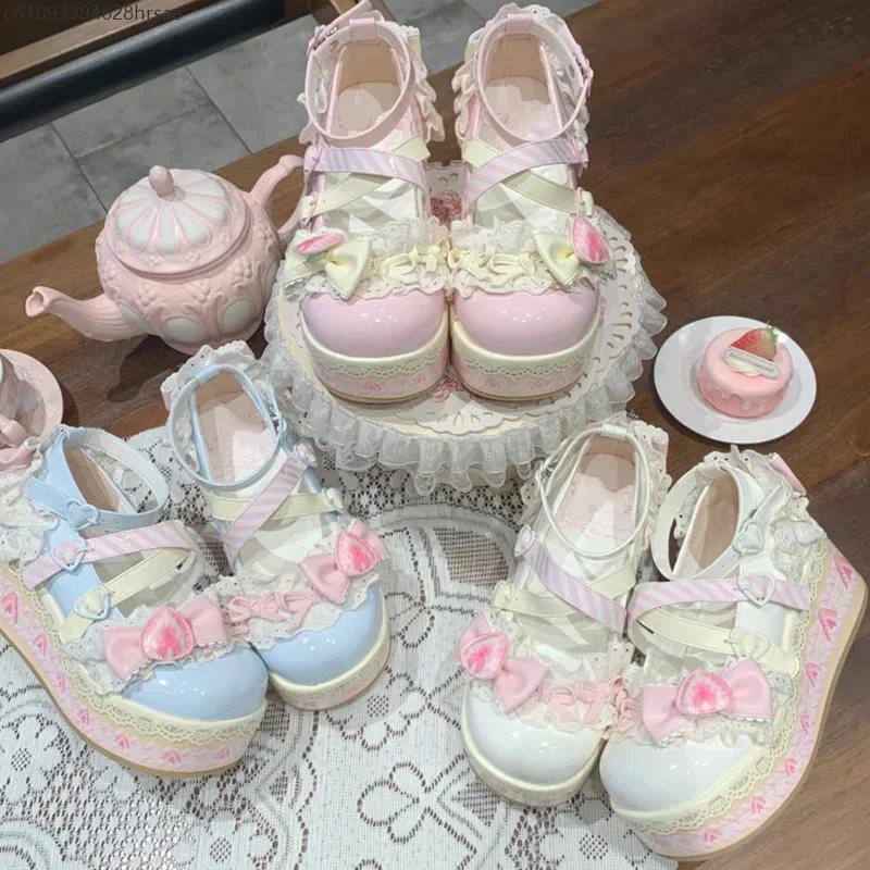 2025 Sweet Girls Lolita Flat Platform,Female Students Lace Strawberry Bowknots Cute Marry Jane Elevator Shoes