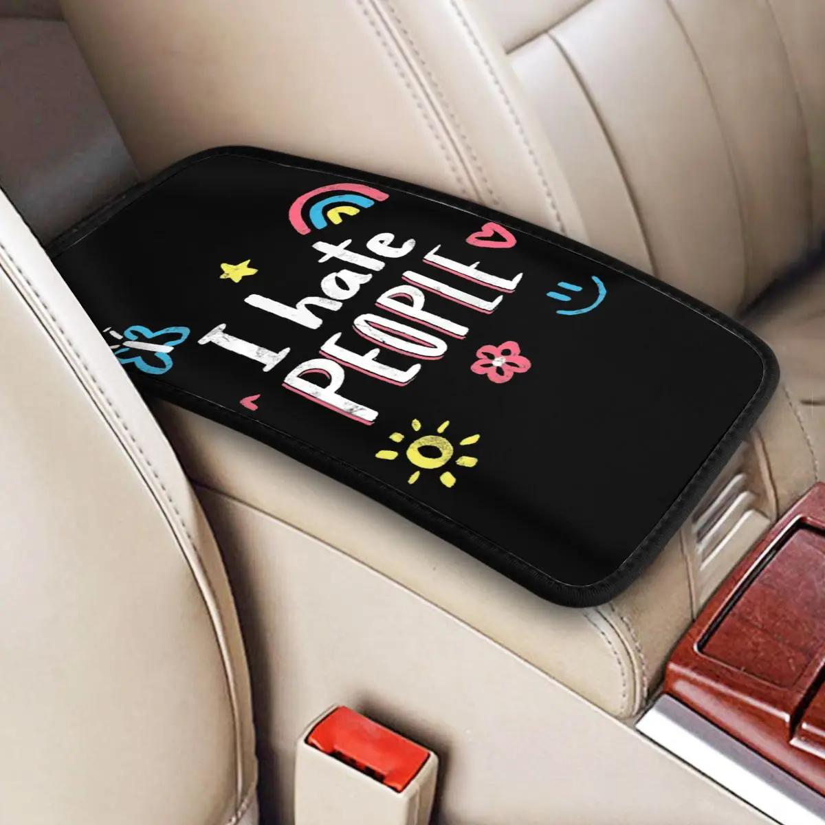 I Hate People Center Handle Box Pad Cushion for Cars Smile Rainbow Flower Butterfly Car Accessories Non-slip Arm Rest Cover Mat