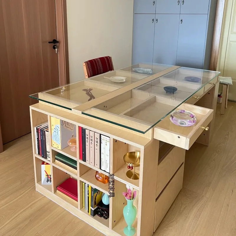 Ocean board desk multi-layer storage on both sides, with file cabinet shelf design glass countertop computer desk