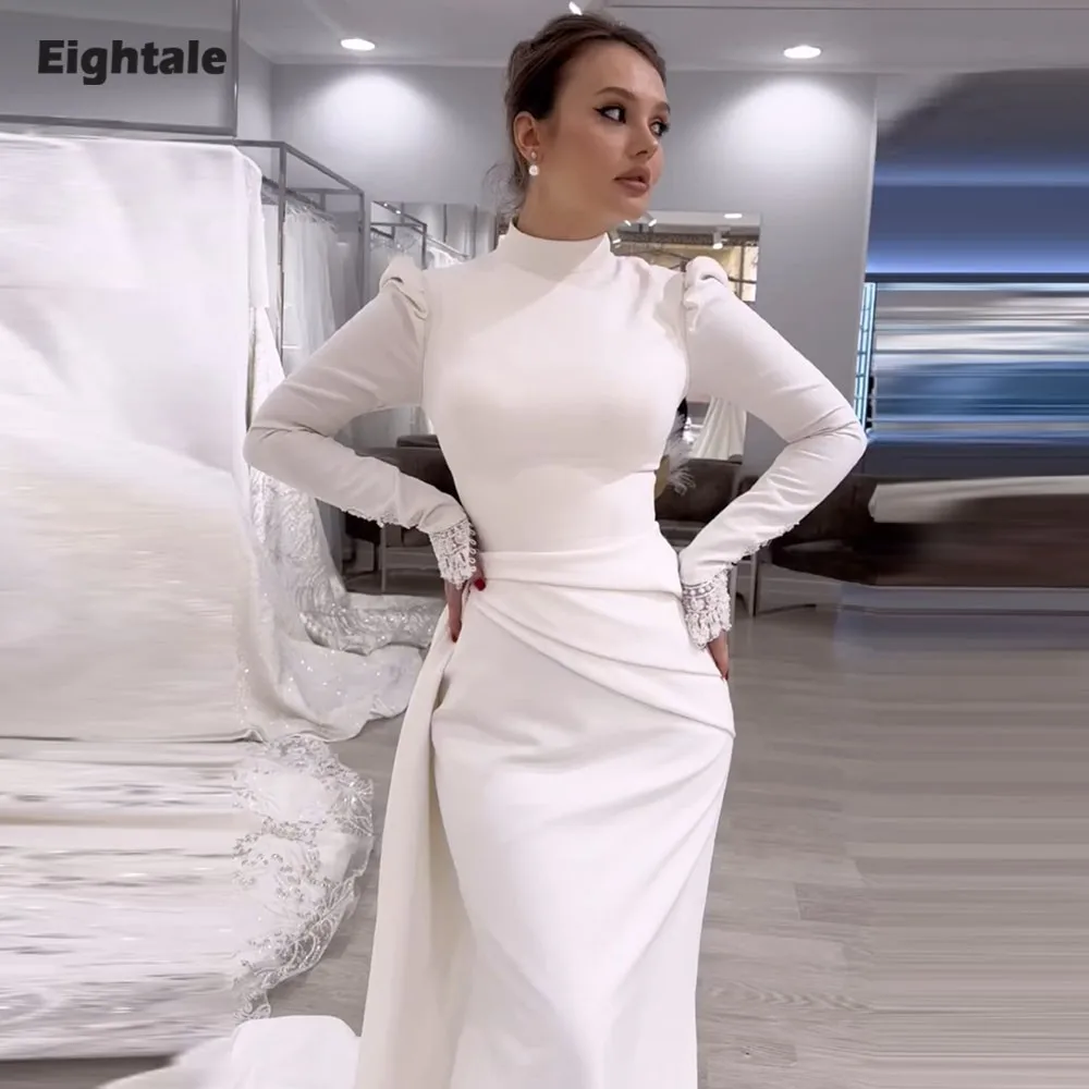 Vestido de novia árabe de Eightale, vestido de novia de encaje de cuello alto de color marfil personalizado, vestido de fiesta de novia de sirena musulmana de manga larga