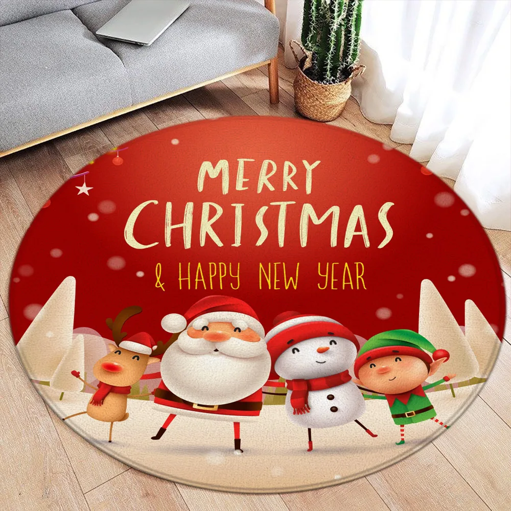 

Chritsmas Round Rug Snowman Santa Claus Merry Christmas Bedroom Living Room Sofa Floor Mat Balcony Round Mat Flannel Area Rug