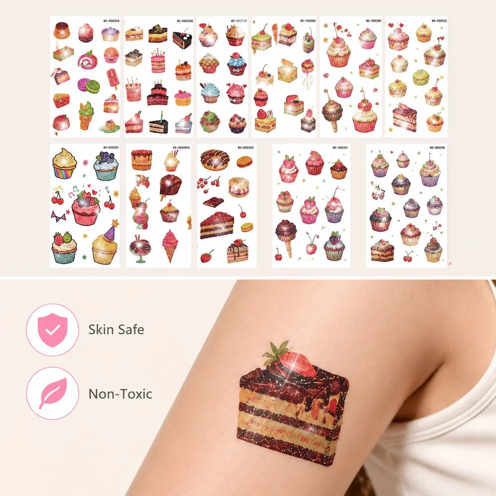 10Pcs Waterproof Glitter Tattoo Stickers Cute Cake Cupcake Candy Design Temporary Body Art Decals For Festival Party Use