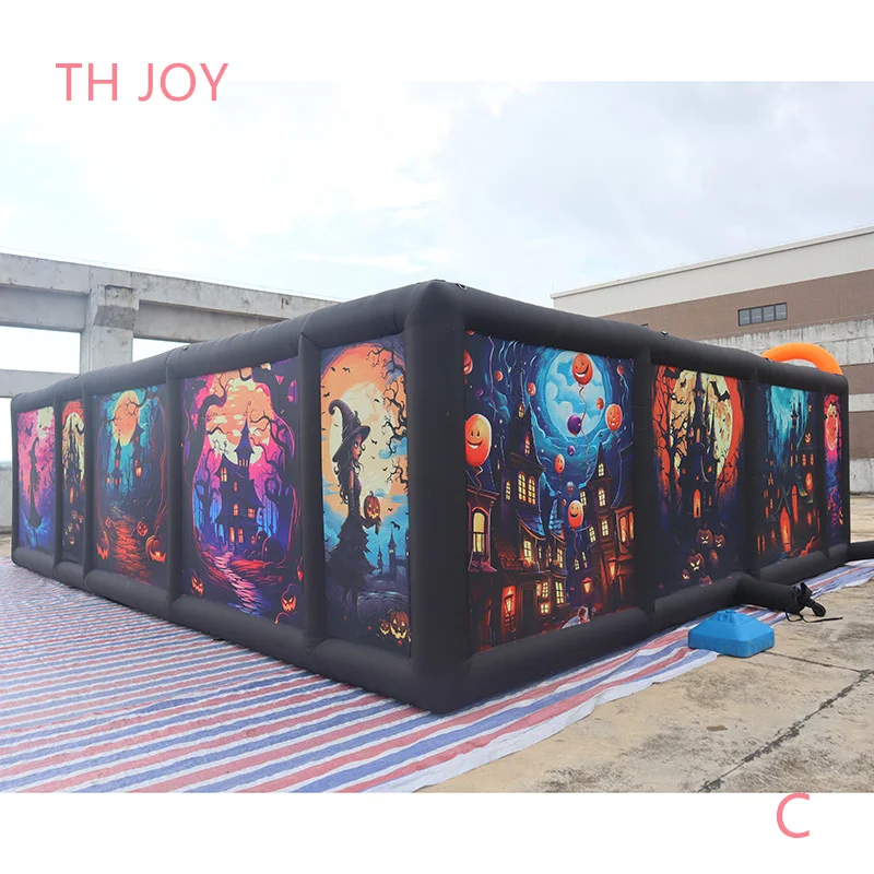 Navio rápido para porta, labirinto inflável gigante em forma de l de 8x7m, casa assombrada de halloween, sala de fuga, etiqueta laser, campo de jogo esportivo
