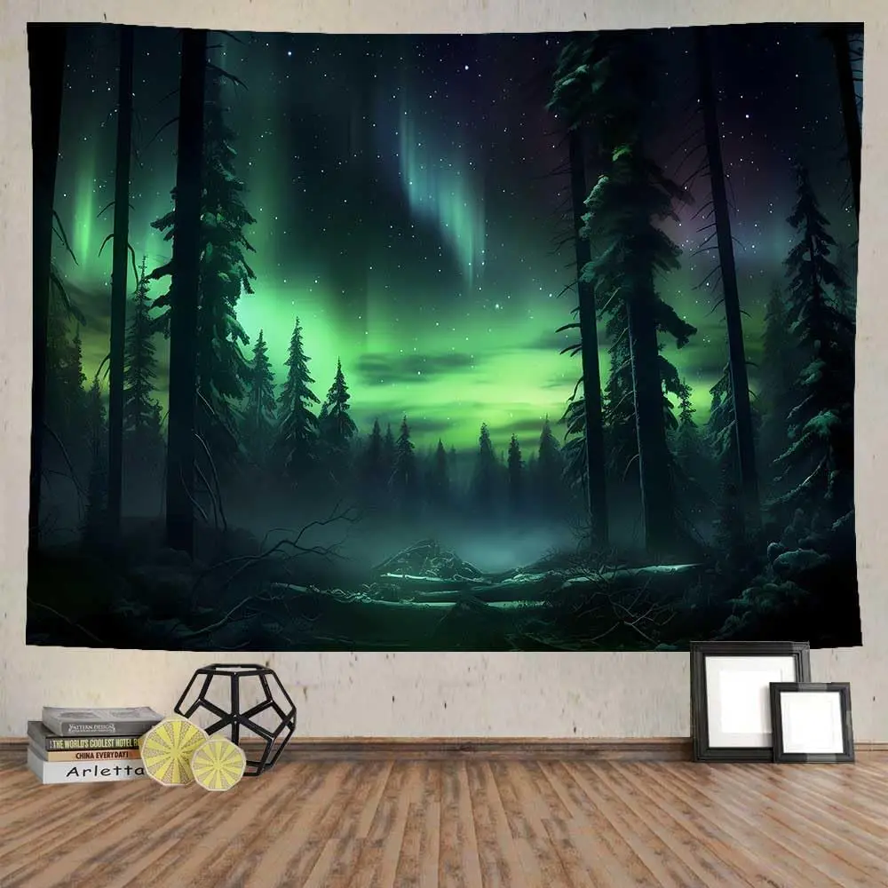 Northern Lights Forest Tapestry Aurora Borealis Misty Pine Trees Trippy Tapestry Aesthetic Wall Art Meditation Decor for Bedroom