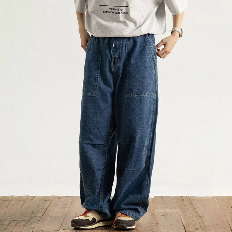 2026 Spring and Autumn Japanese Style Oversized Straight Leg Jeans Loose Drawstring Workwear Pants Wide Leg Pants  Men'S Pants