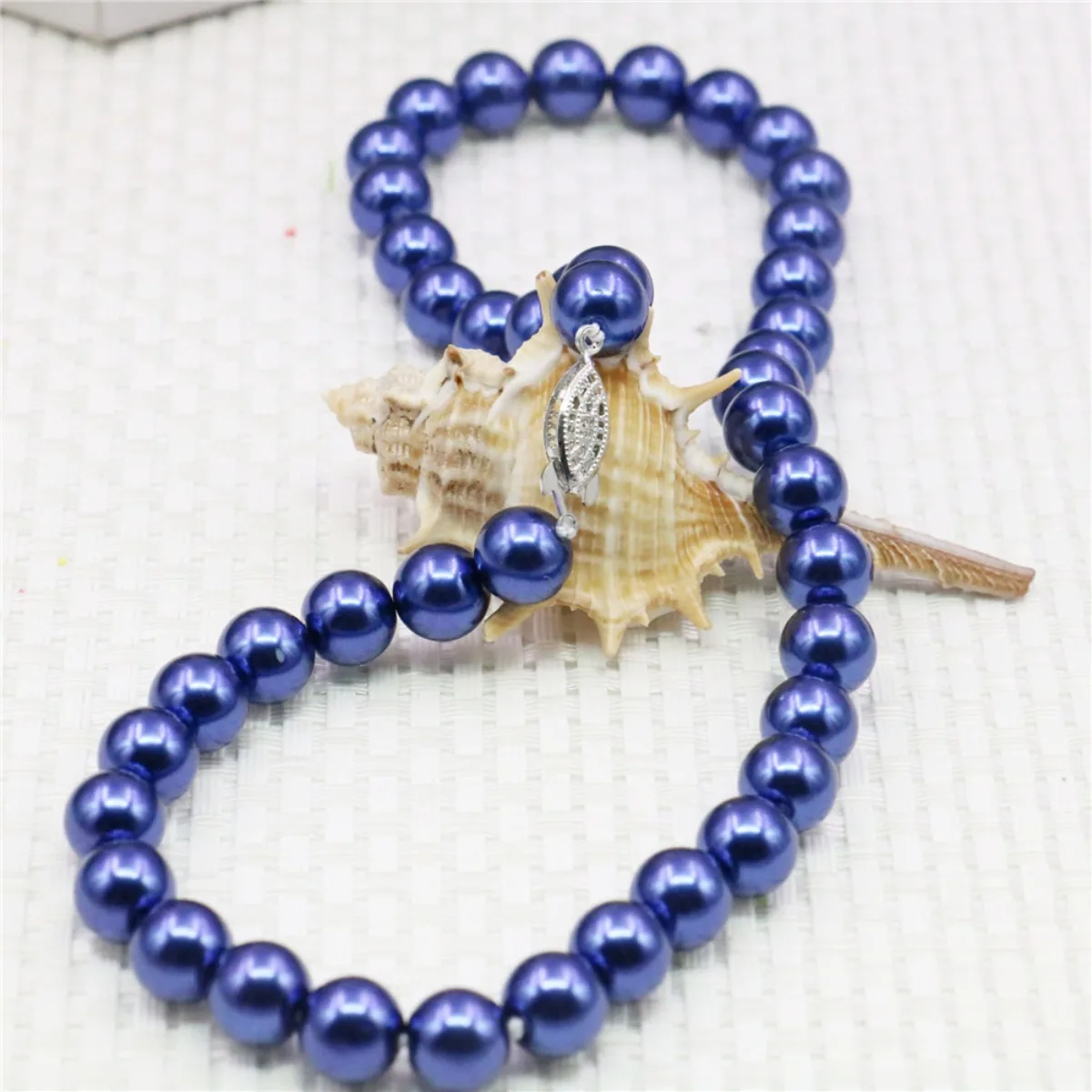 8 10 12mm Round Sapphire Blue Shell Pearl Necklace DIY Jewelry Making Design Accessories Women Neck Wear Alloy Clasp 18inch