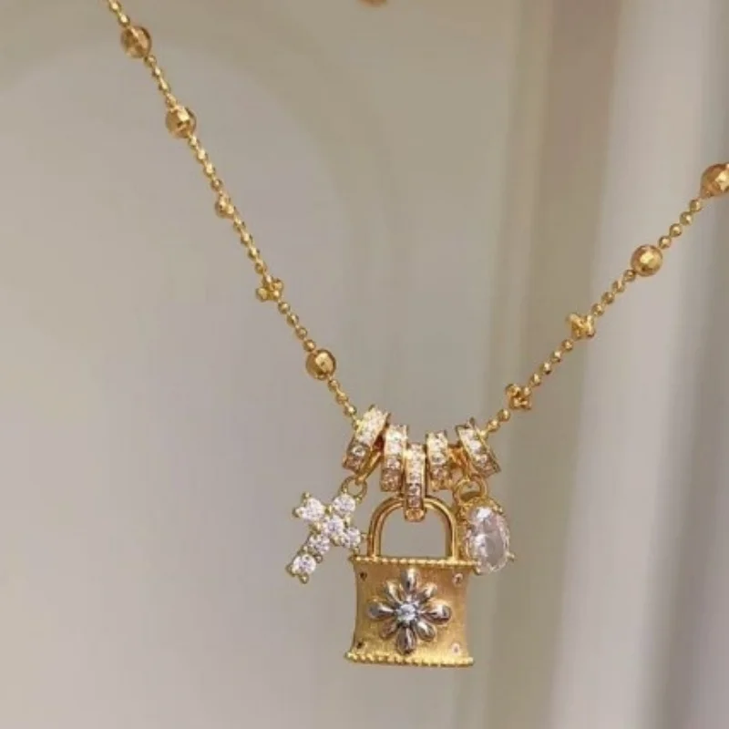 Women's Retro Rotating Ring Cross Pendant Necklace French Light Luxury Niche Fashion Temperament High End Sense Choker