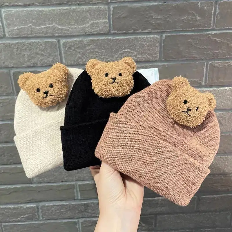 Korean Baby Autumn Winter Hat Cute Bear Knitted Warm Newborn Cap Infant Beanie Solid Color Baby Girl Boy Soft Crochet Hats