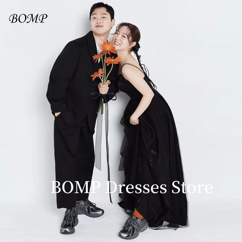 

BOMP Elegant Black Sweetheart Wedding Party Dress Spaghetti Strap A-Line Satin Korea Photo Shoot Bridal Reception Gown Customize