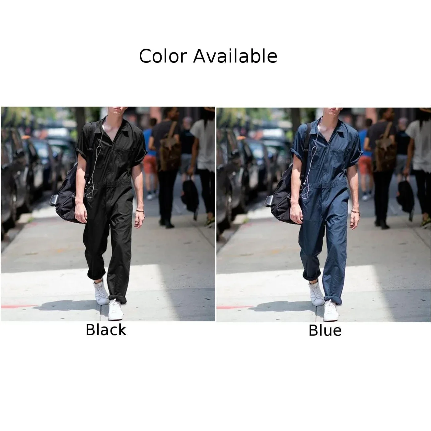 Men\'s Short Sleeve Solid Color Overalls Pants Fashion Streetwear Zip Pocket Laper Jumpsuit Workwear Overalls Trousers Clothing