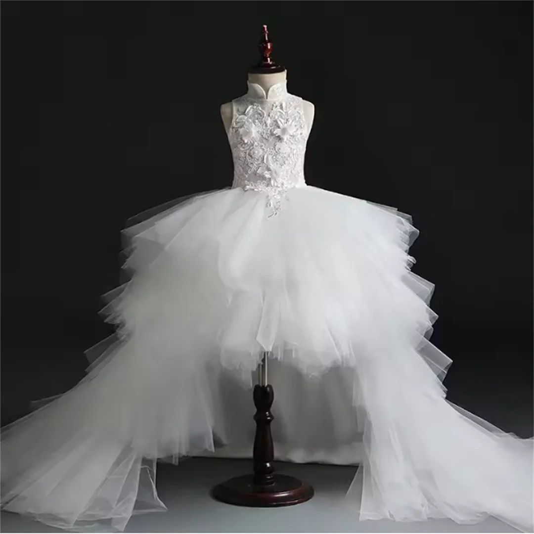 Red Flower Girl Dress Princess Pageant Gown Children Wedding Clothing Fashion Evening Party Birthday Performance Formal Outfit