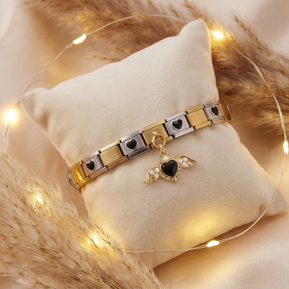 GEMOSA 9mm Italienisches Edelstahl-Armband Trendiges Schwarzes Liebesherz Werkzeug-Kombinationsset DIY Damen Herren Charm-Schmuck 19-teiliges Set – Detail 4