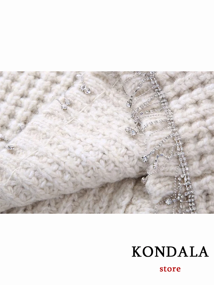 KONDALA Vintage Knitted Diamond Tassel Cardigans Women Long Sleeve Pearl Buttons Loose Sweaters Female Fashion 2022 Autumn Tops