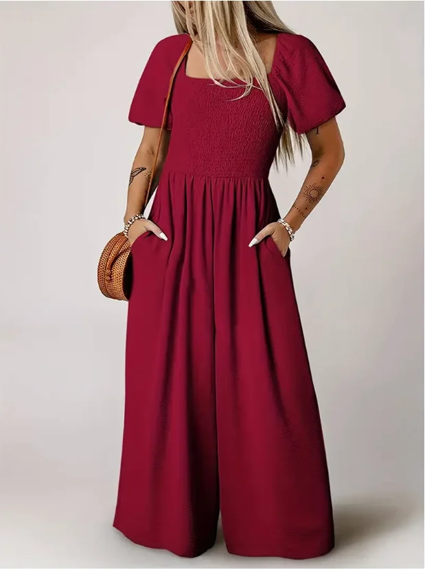 Flattering Solid Color Shirred Wide Leg Jumpsuit  Casual Square Neck Short Sleeve Style Perfect for Spring  Summer Fashionable W