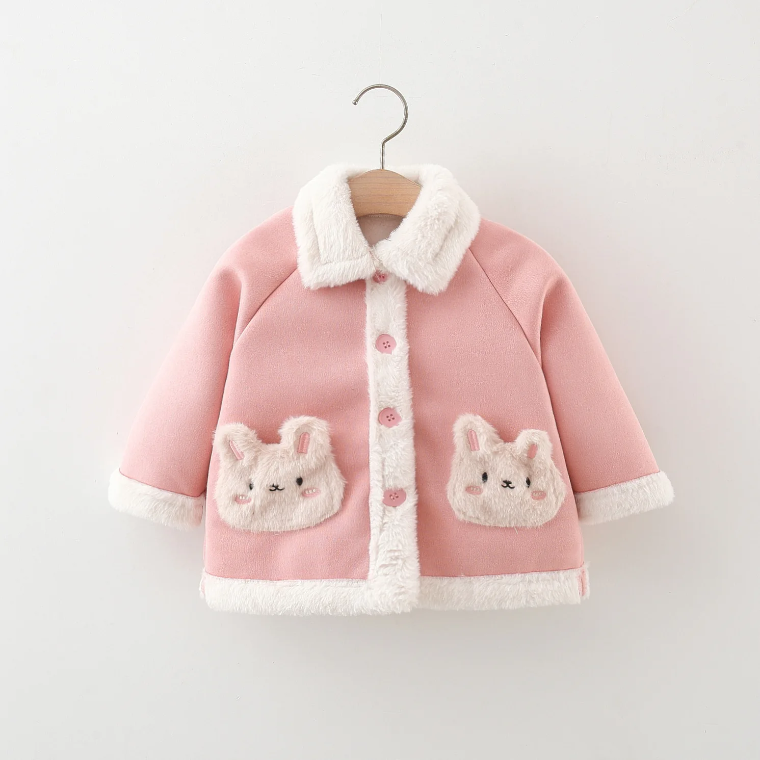 

Winter New Girls' Collar Suede Jacket With Single Breasted Cartoon Pockets And Shoulder Sleeves For Warmth And Outdoor Wear