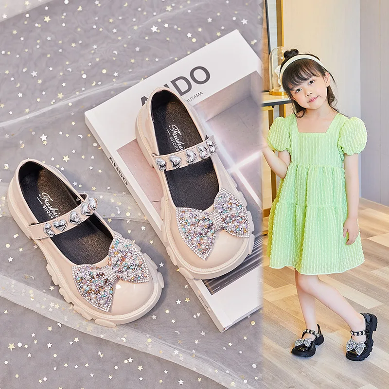 Fashion Girls Mary Jane Leather Shoes Blingbling Lace Bowknot and Pearl Decoration Princess Shoes Party Princess Girl Shoe