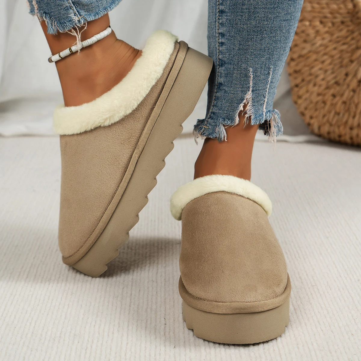 Wintermode Damen Flauschige Dicksohlige Freizeitschuhe, Dicksohlige Rutschfeste und Warme Hausschuhe mit Fellfutter – Detail 7