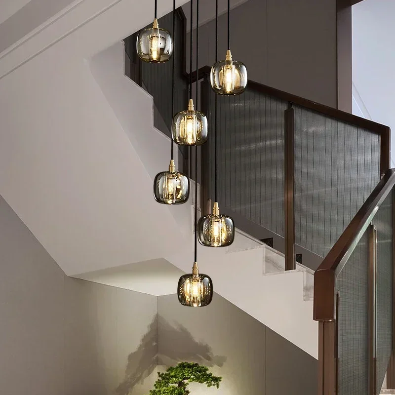 Stair Lamp Long Pendant  Postmodern Duplex Building Villa All Copper s LightLuxury Simple Atmosphere Rotating Chandelier