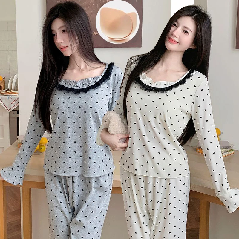 

2026 Spring Long Sleeve Long Pants Modal Pajama Sets for Women Korean Cute Lace Sleepwear Pyjamas Homewear Pijama Mujer Clothes