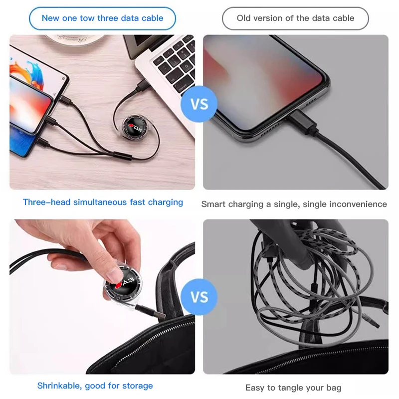 3 In 1 Micro USB Type C Charging Cable Multi Charger Wire Keyring For Audi A1 A3 8P 8V A4 B6 B7 B8 B9 A5 A6 C7 C8 A7 A8 Q2 Q3 Q5