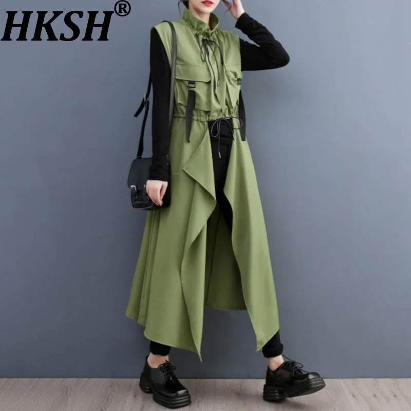 

HKSH весенне-осенний новый женский длинный жилет в стиле сафари с карманами, универсальное корейское стильное повседневное элегантное пальто без рукавов HK16501