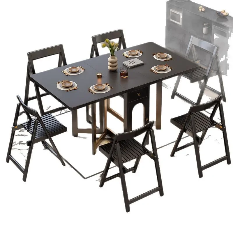 Black retro all solid wood folding dini ng table for hom e use modern li ht luxury rectangular retracta ble invisible