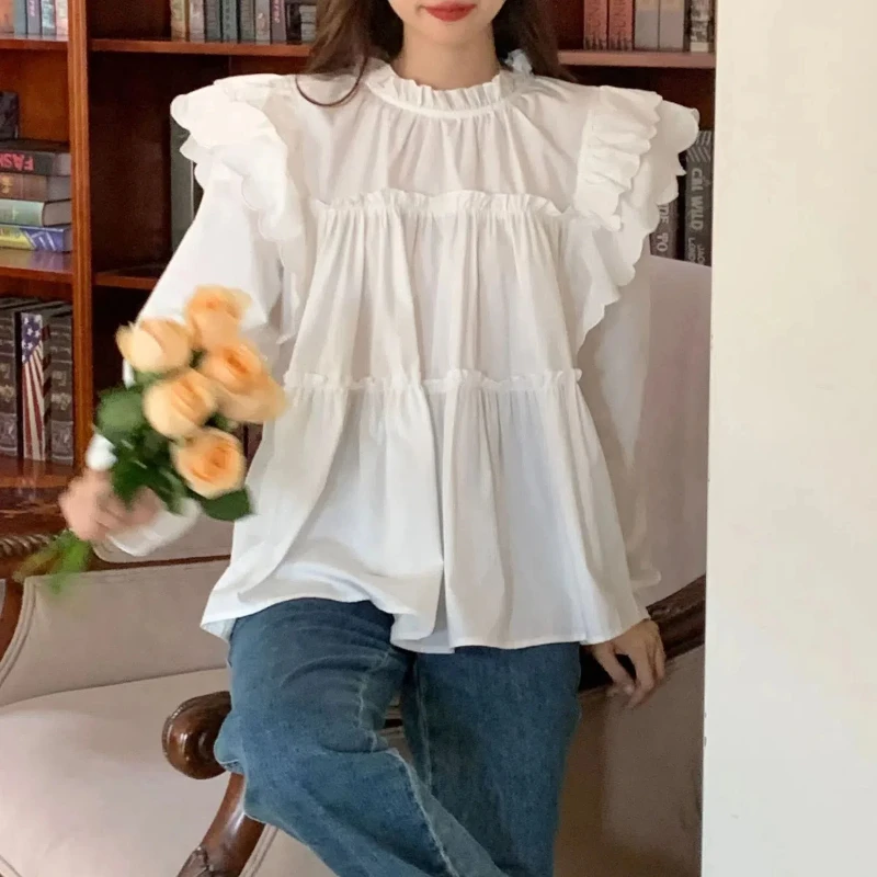 Sweet French Doll Shirt with Ruffled Edges Women\'s Design Sense White Loose Shirt Autumn Temperament Long Sleeved Shirt