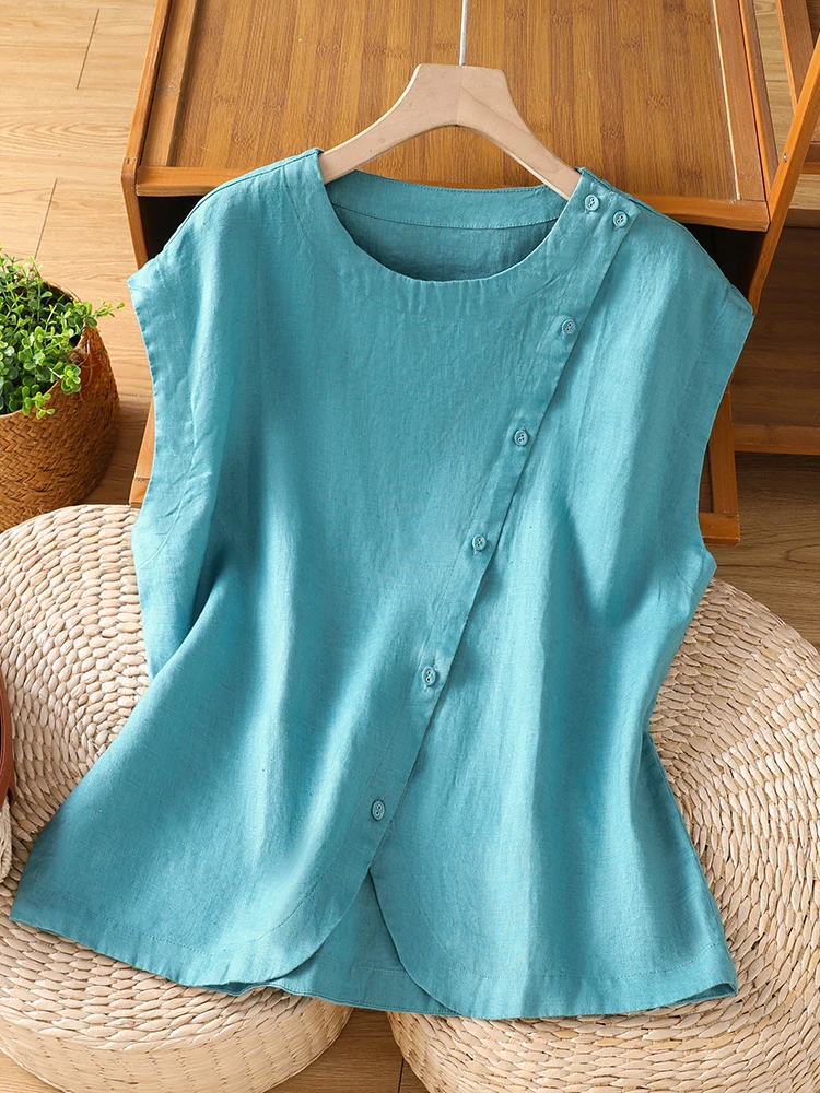 

Loose Women's Short Sleeve Shirt Summer New Style Pure Color Asymmetrical Hemline Casual Comfortable Breathable Regular Fit